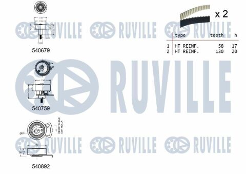 RUVILLE К-кт. ГРМ (2шт. рем.+3шт.ролик+кріплення) SKODA Fabia 1.4