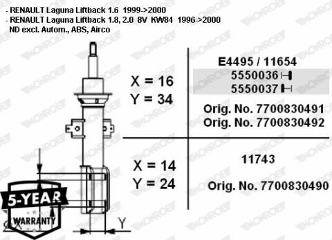 MONROE RENAULT Амортизатор масл.Original передн.Laguna 95- (X=d.14mm,корпус - 24mm)