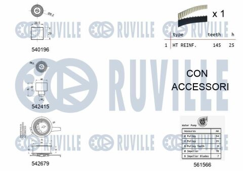 RUVILLE AUDI к-кт. грм. (ремень+3 ролика+ не переключаемая помпа+крепление) A1/3/4/5/6,Q2/3/5, Skoda Octavia III, Rapid, SuperB III,Arteon,Caddy IV,Golf VI,VII, Passat,Tiguan,Sharan,T 6 1.6/2.0TDI 12-