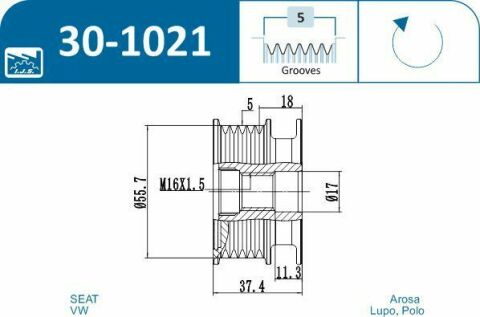 Шкив генератора VW T5 1.9/2.5 TDI/Caddy 1.4/1.6i/1.9-2.0 TDI 95-15