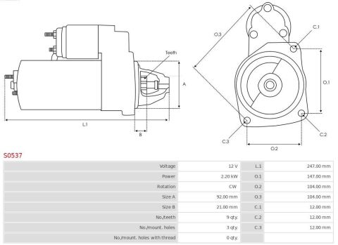 Стартер Sprinter (W904) 2.9 TDI (OM602) 96-06/Land Rover Discovery 2.5 TDI 89-04 (12V/2.2kw) (z=9)