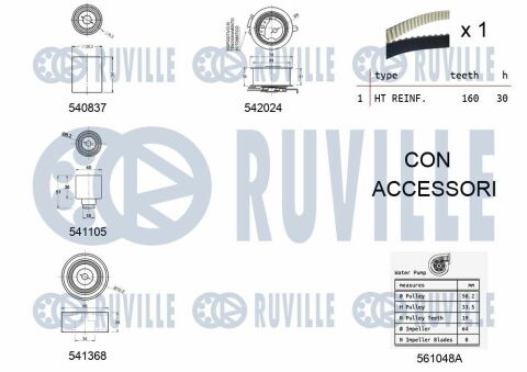 RUVILLE VW К-кт ГРМ (помпа+ рем. + 4 ролика натяжения +крепл.) Golf,Passat,Audi 2.0TD