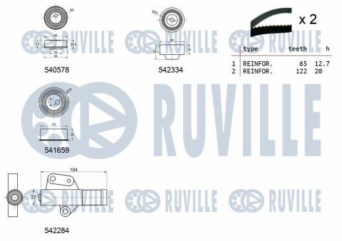 RUVILLE MITSUBISHI К-т ремня ГРМ (2 ремня+3 ролика+1 натяжитель) Grandis 2.4 04-