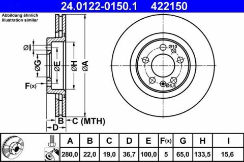 Диск тормозной (передний) Audi A3/Skoda Octavia/VW Bora/Golf IV (280x22) 96-10 (с покрытием) (вент.)