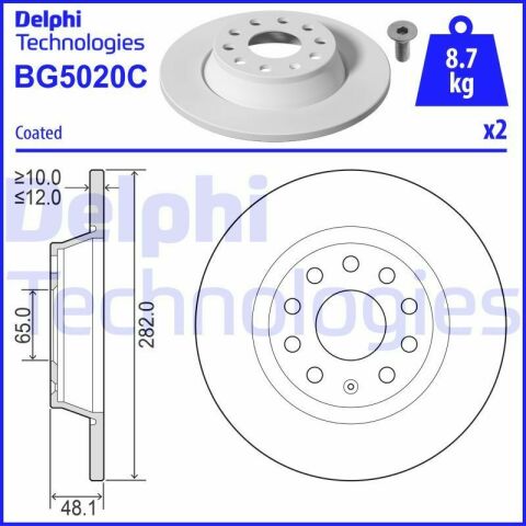 Диск тормозной (задний) (к-кт 2 шт) Skoda Octavia/Superb/VW Golf/Passat 03- (282x12) (с покр.) (полный)