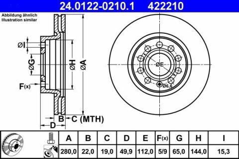 Диск гальмівний (передній) Audi A3/Seat Leon/Skoda Octavia/VW Caddy/Golf 04- (280x22)(з покр.)(вент.)