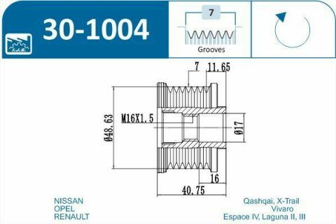 Шків генератора Renault Trafic 2.0 CDTI 06- (7PK)