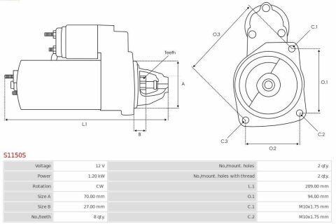 Стартер Hyundai Sonata 2.0-2.4 05-10 (12V/1.2kw) (z=8)