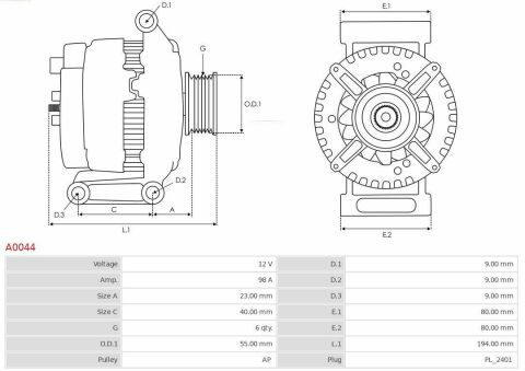 Генератор 1.4 + 1.4 16V + 1.6 + 1.6 16V + 1.8 16V + 2.0 + 2.0 16V + 1.9dCi (98A, шків-6 струмків) (тип BOSCH)