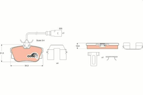 Тормозные колодки зад. T4 98-03 (с датчиком) (94.8x51mm)