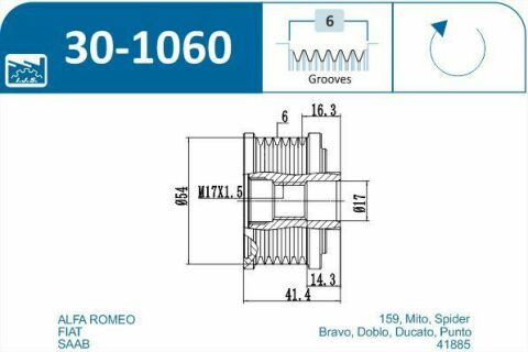 Шкив генератора Fiat Doblo 1.6/2.0D Multijet 10-, 6PK