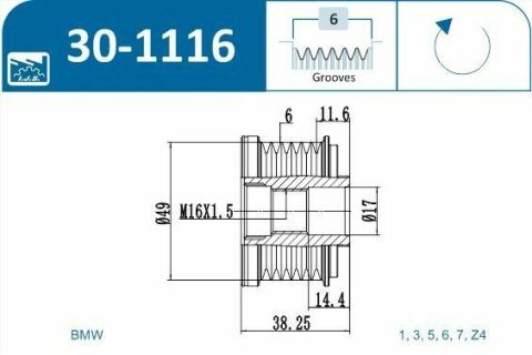 Шків генератора BMW 6 (E63)/7 (E65/E66/E67) 04-10