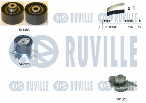 RUVILLE CITROEN К-кт ГРМ (Ремень+2 ролика+помпа воды VKPC 83207) C5 08-,Ford Focus,Kuga,Fiat 2.0HDI/TDCi