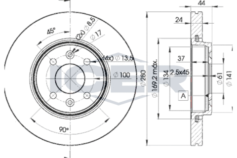 Диск гальмівний (передній) Renault Kangoo 01-/Megane 96-/Scenic 99-/Clio 00-14 (280x24)(з покр)(вент)