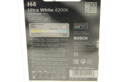 Автолампа H4 12V 60/55W P43t Ultra White 4200K (BL) (заменено 1 987 301 152)