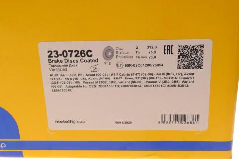 Диск тормозной (передний) Audi A4/A6 97-09/Skoda Superb 02-08/VW Passat 98-05 (312х25)(с покр)(вент)