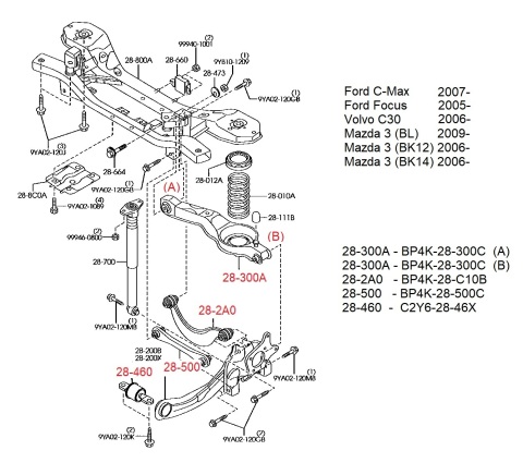 Комплект сайлентблоков задней подвески Ford Focus/Mazda 3/Volvo (S40) 99-10 (14шт) Комплект сайлентблоков задней подвески Ford Focus/Mazda 3/Volvo (S40) 99-10 (14шт)