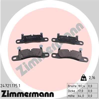 Колодки гальмівні (задні) Porsche Cayenne 10- (187.4x64x17) (Brembo)