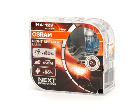 Лампа галогенная H4 / Серия: Night Bracker Laser / Яркость: + 150% 12V 60/55W - (2 шт.) ближний / дальний свет