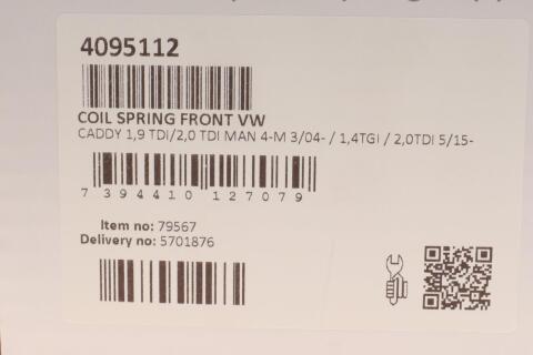 Пружина (передняя) VW Caddy III 1.6TDI (дл.база АКПП)/2.0TDI МКПП/1.9TDI 10-15/IV 2.0TDI/1.4TGI 15-
