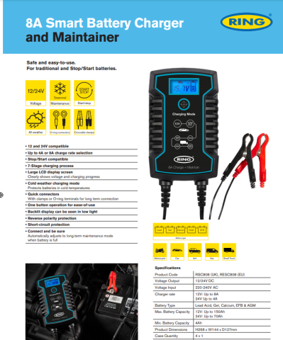 Зарядний пристрій (12/24V-8A/4A) (Ca/Ca; GEL; VRLA; EFB; AGM;/до 150Ah/70Ah)