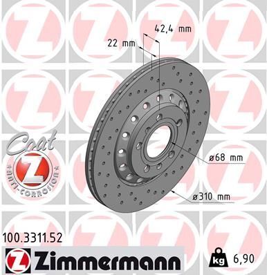 Диск тормозной (задний) Audi A8/VW Phaeton 03-16 (310x22) (с покрытием) (с отверстиями) (вент.)