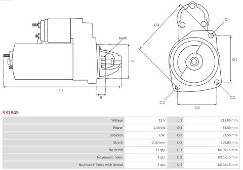 Стартер Volvo S60/S80/V40/V60/V90/XC60/XC90 2.0 13- (12V/1.4kw) (z=11)