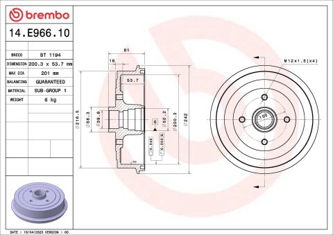 Гальмівний барабан Lanos/Nubira 97- (200,3x53,7mm)/к-т без підшипн.