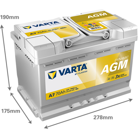 Акумулятор VARTA 12В 70Агод./760А (EN) Dynamic AGM  START&STOP AGM (R+ стандартні клеми) 278x175x189 B13 - монтажний фланець 10.5мм (agm)