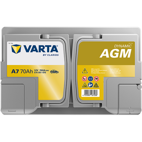 Акумулятор VARTA 12В 70Агод./760А (EN) Dynamic AGM  START&STOP AGM (R+ стандартні клеми) 278x175x189 B13 - монтажний фланець 10.5мм (agm)