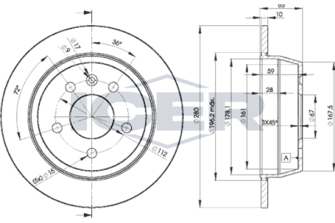 Диск гальмівний (задній) MB Vito (W638) 96-03 (280x10) (з покриттям) (повний)