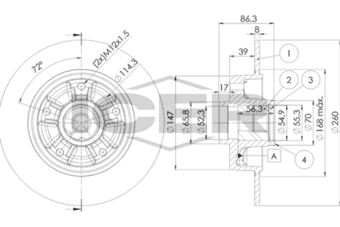 Диск гальмівний (задній) Renault Megane III 08- (260x8) (+ABS) (з підшипником) (з покр.) (повний)