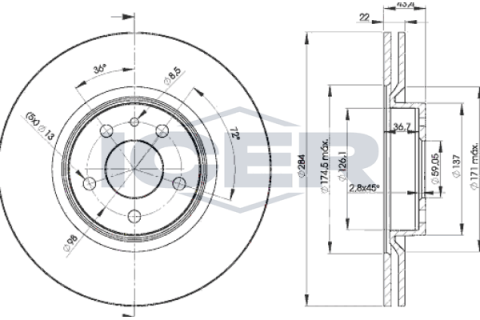 Диск гальмівний (передній) Alfa Romeo 97-10/Fiat Doblo 10- (284x22) (з покр.) (вент.)