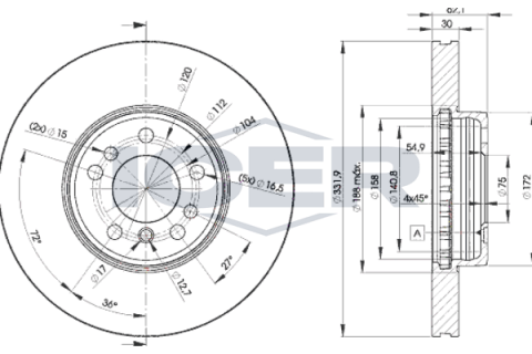 Диск тормозной (передний) BMW X5 (E53) 00-06 (332x30) (с покрытием) (вентилированный)