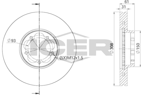 Диск гальмівний (передній) Ford Transit V363 13- (RWD) (308х31) (з покриттям) (вентильований)