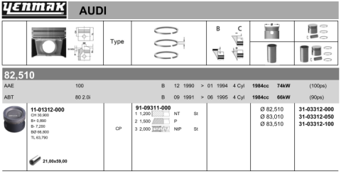 Поршень з кільцями та пальцем (розмір відп. 82.51/STD) AUDI 80/100/A6 2.0 -97 (ABT)
