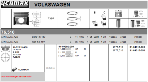 Поршень з кільцями та пальцем (розмір відп. 76,51/STD) VW GOLF 1.6 16v (4цл.) (BCB) Поршень з кільцями та пальцем (розмір відп. 76,51/STD) VW GOLF 1.6 16v (4цл.) (BCB)
