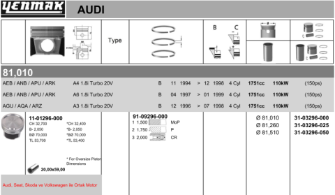 Поршень з кільцями та пальцем (розмір відп. 81.51/+0.5) (AEB)