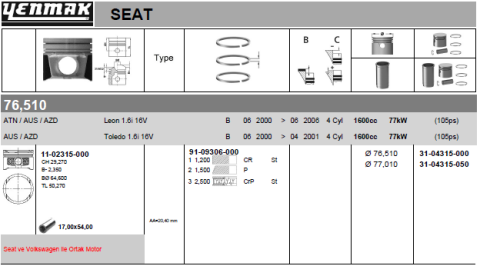 Поршень с кольцами и пальцем (размер отв. 77,010/+0,50) VW GOLF 1.6 16v (4цл.) (BCB)