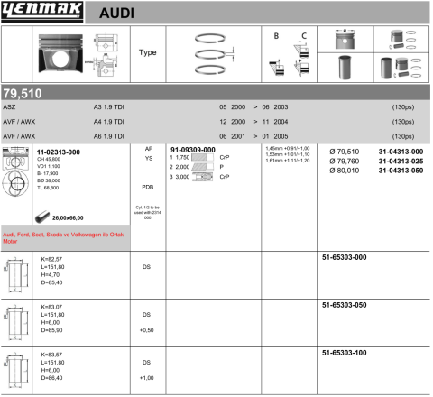 Поршень з кільцями та пальцем (розмір відп. 80.01/+0.5) (ASZ, AVF, AWX, (1-2 циліндр)