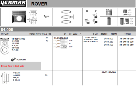 Поршень з кільцями та пальцем (розмір відп. 84/STD) (M57 D30, M47D20R, TD6)