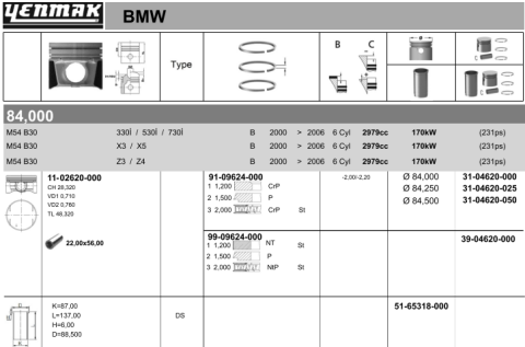 Поршень з кільцями та пальцем (розмір відп. 84.50/+0.50) BMW E39/E46/E53 3.0 i (6ц.) (M54 B30 (306 S3)