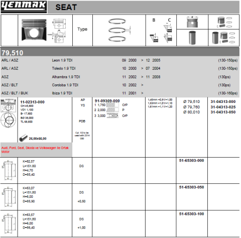 Поршень з кільцями та пальцем (розмір відп. 80.01/+0.5) (ASZ, AVF, AWX, (1-2 циліндр)