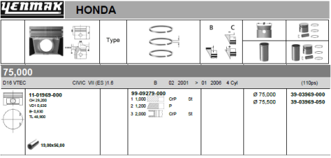 Поршень с кольцами и пальцем (размер отв. 75/STD) (D16 VTEC) бензин