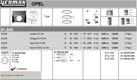 Поршень с кольцами и пальцем (размер отв. 82,10/+0,50) OPEL OMEGA B 2.5 (6 цил.) (C 2.5XE / X2.5XE V6 24Valve Ecotec)