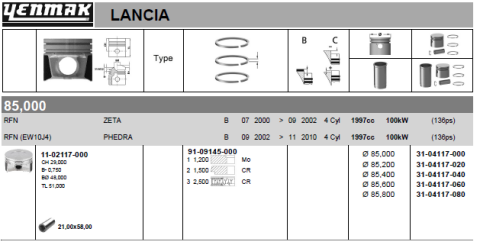 Поршень з кільцями та пальцем CITROEN 1.6/2.0 (розмір відп. 85/STD) (RFN (EW10J4), RFR (DEW10J4)) Поршень з кільцями та пальцем CITROEN 1.6/2.0 (розмір відп. 85/STD) (RFN (EW10J4), RFR (DEW10J4))