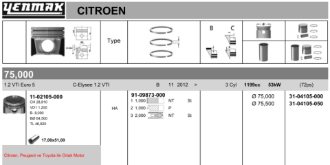 Поршень с кольцами и пальцем (размер отв. 75,00/STD) CITROEN C-Elysee 1,2VTi