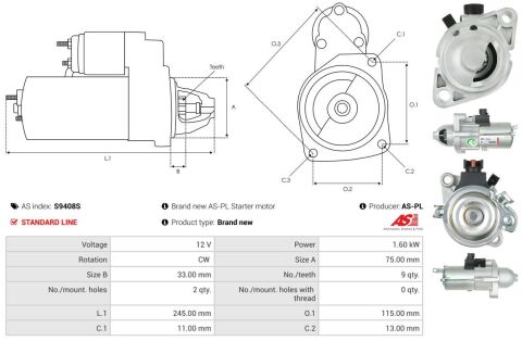 Стартер Honda CR-V 2.4 AWD 12- (12V/1.6kw) (z=9)