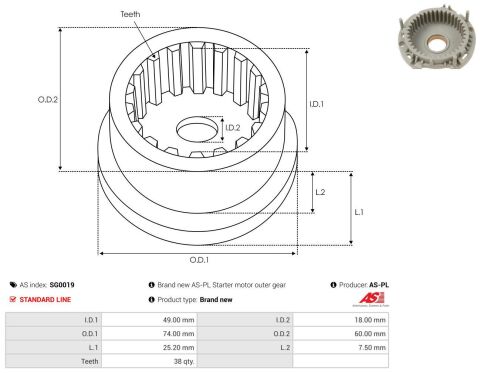 Шестерня планетарна стартера (d=60x18mm) (z=38)