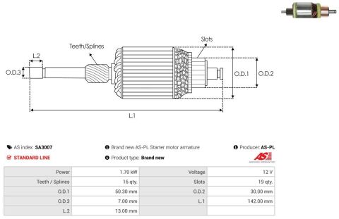 Ротор стартера (тип Valeo, 1.7kW) 1.9dCi + 2.5dCi / 2.2dCi + 2.5dCi Renault Master II + Opel Movano A 01-10